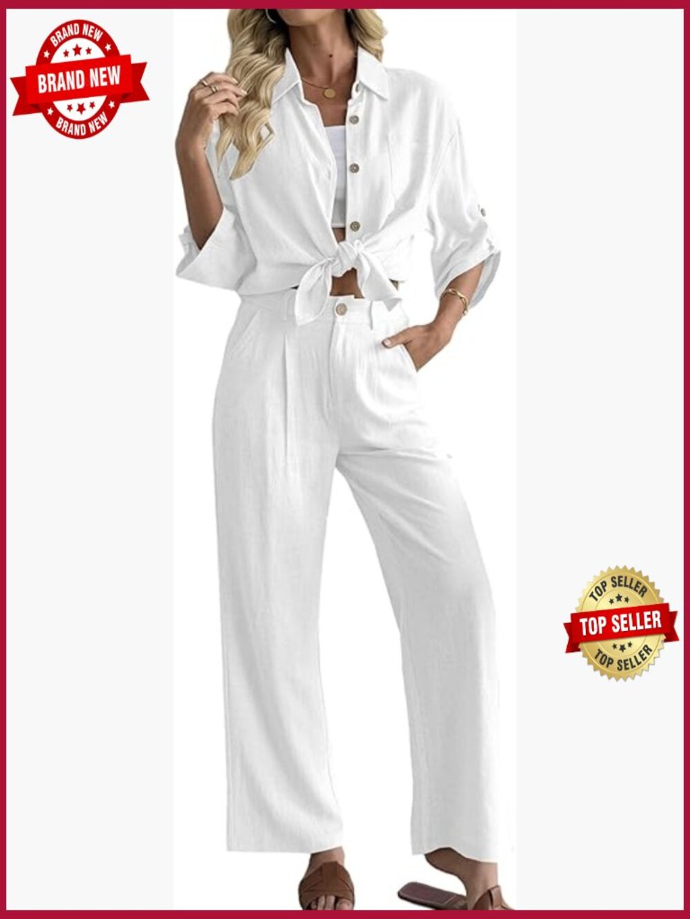 Linen Blend 2 Piece Outfit Button Down Shirt Wide Leg Pants Set Tracksuit